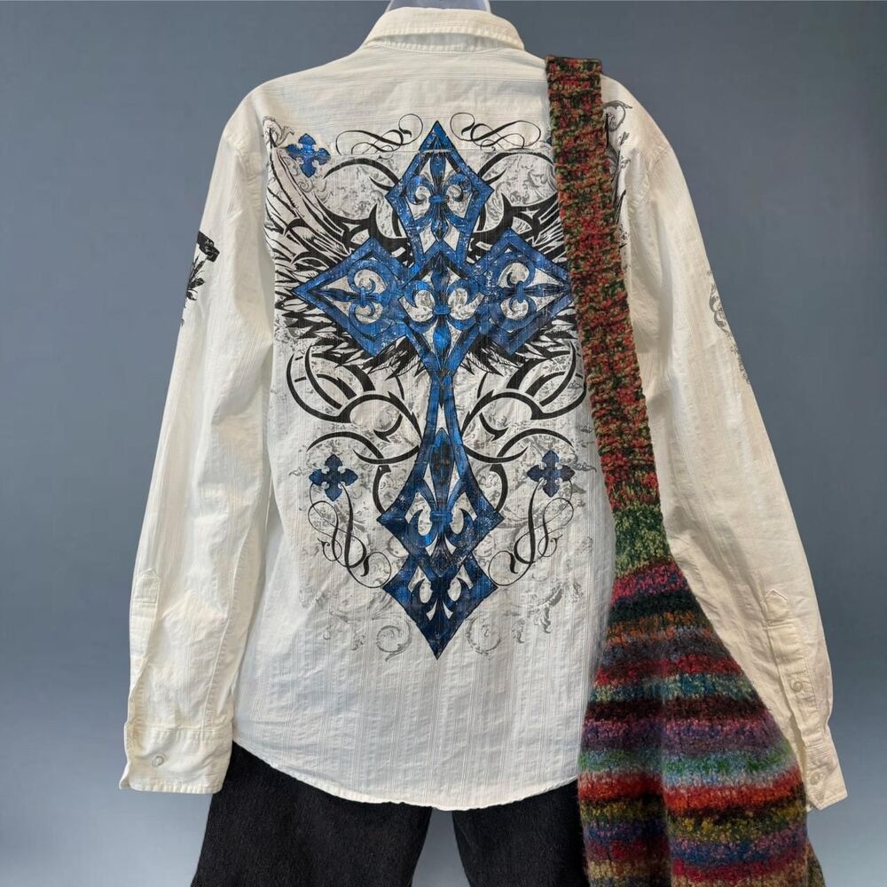 Cyber Y2K Helix Medium Gothic Cross Tattoo Graphic Button Up Affliction Style